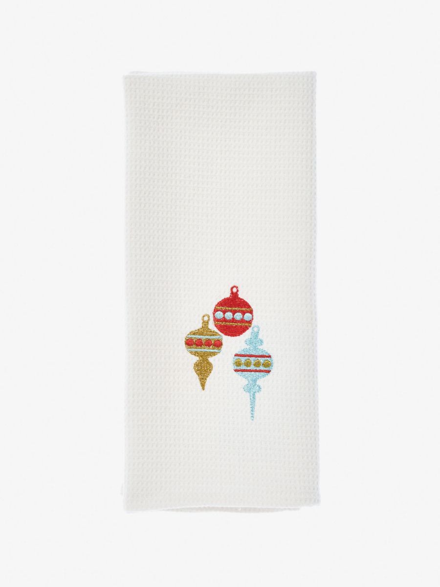 Hanging Baubles Embroidered Tea Towel